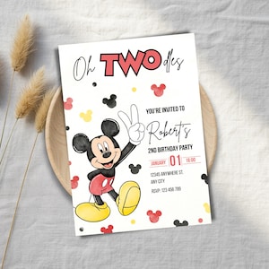 May include: A birthday party invitation featuring Mickey Mouse. The invitation reads "Oh TWO dles" with the text "You're invited to Robert's 2nd Birthday Party". The date is January 1st at 16:00. Mickey Mouse is shown giving a peace sign.