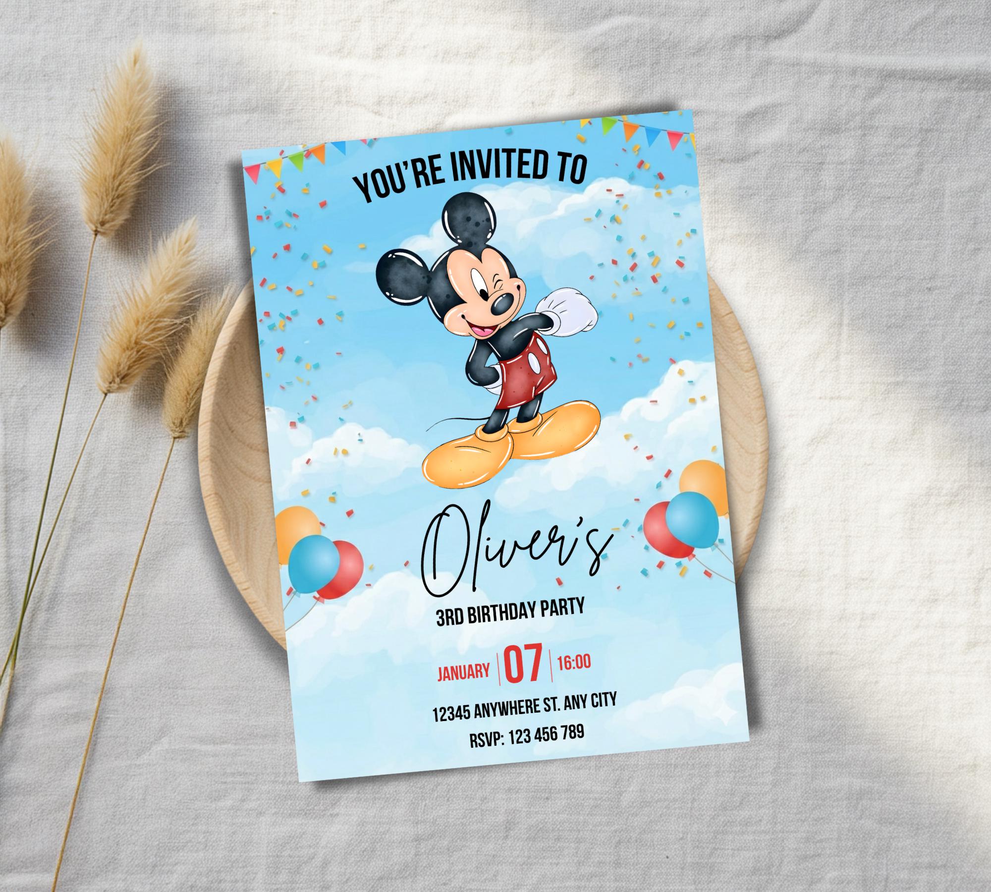 Editable Mickey Mouse 3rd Birthday Invitation, Sky Blue Boy Party Canva ...