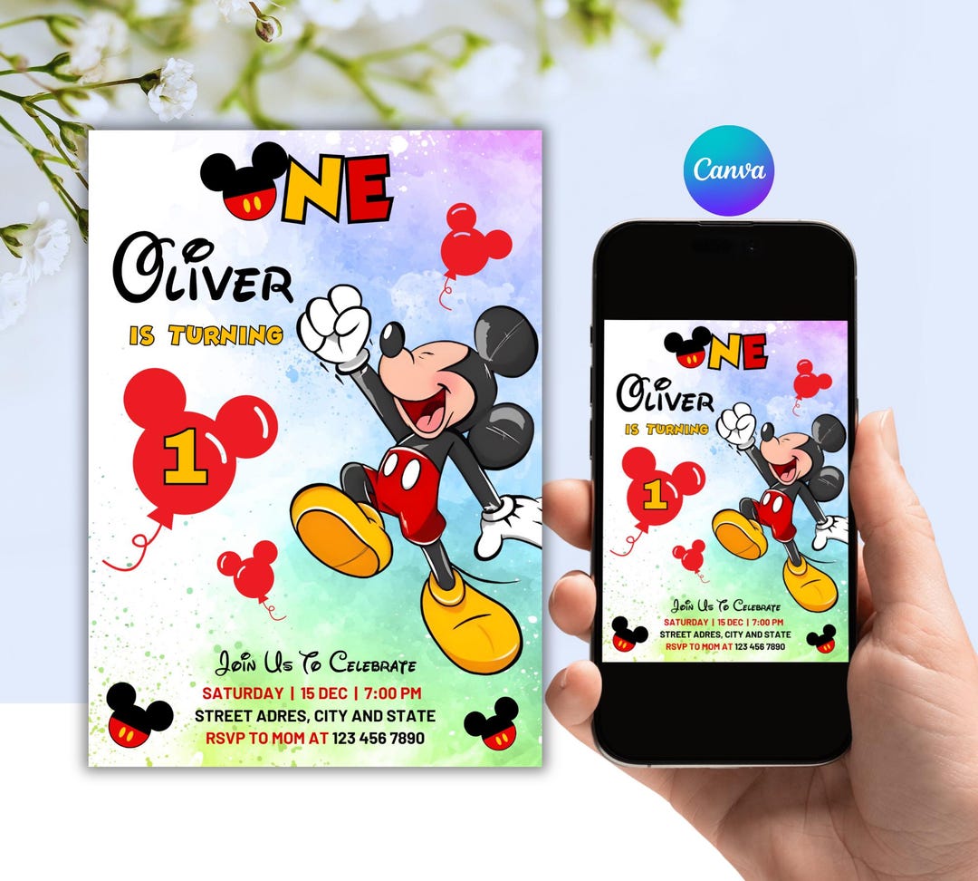 Mickey Mouse 1st Birthday Invitation, Editable Canva Template - Etsy