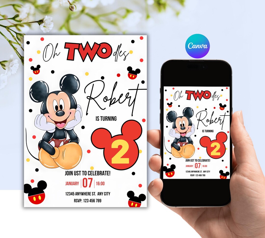 Editable Mickey Mouse Oh Twodles Birthday Invitation Canva Digital ...
