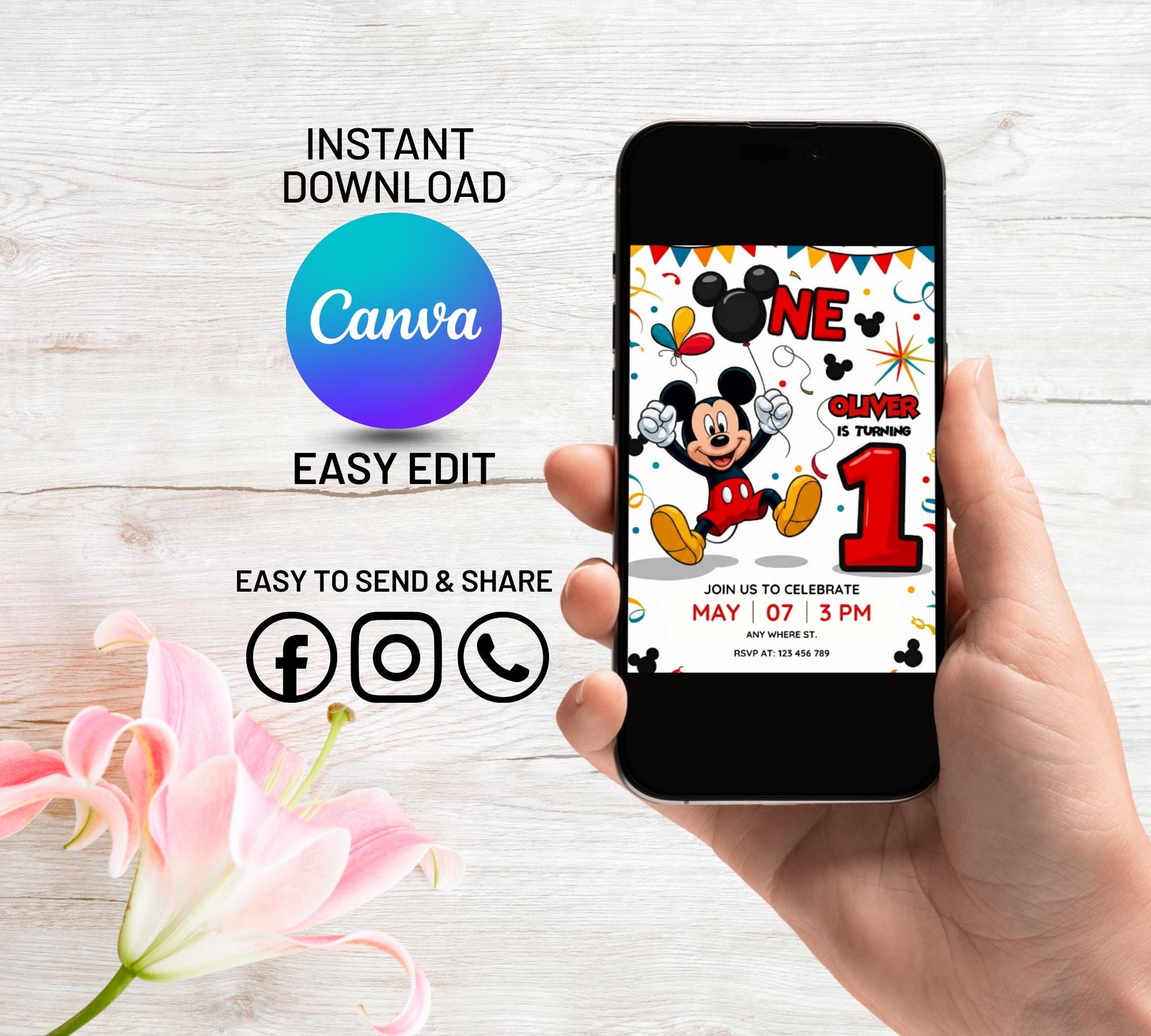 Editable Mickey Mouse 1st Birthday Invitation for Boys | Printable ...