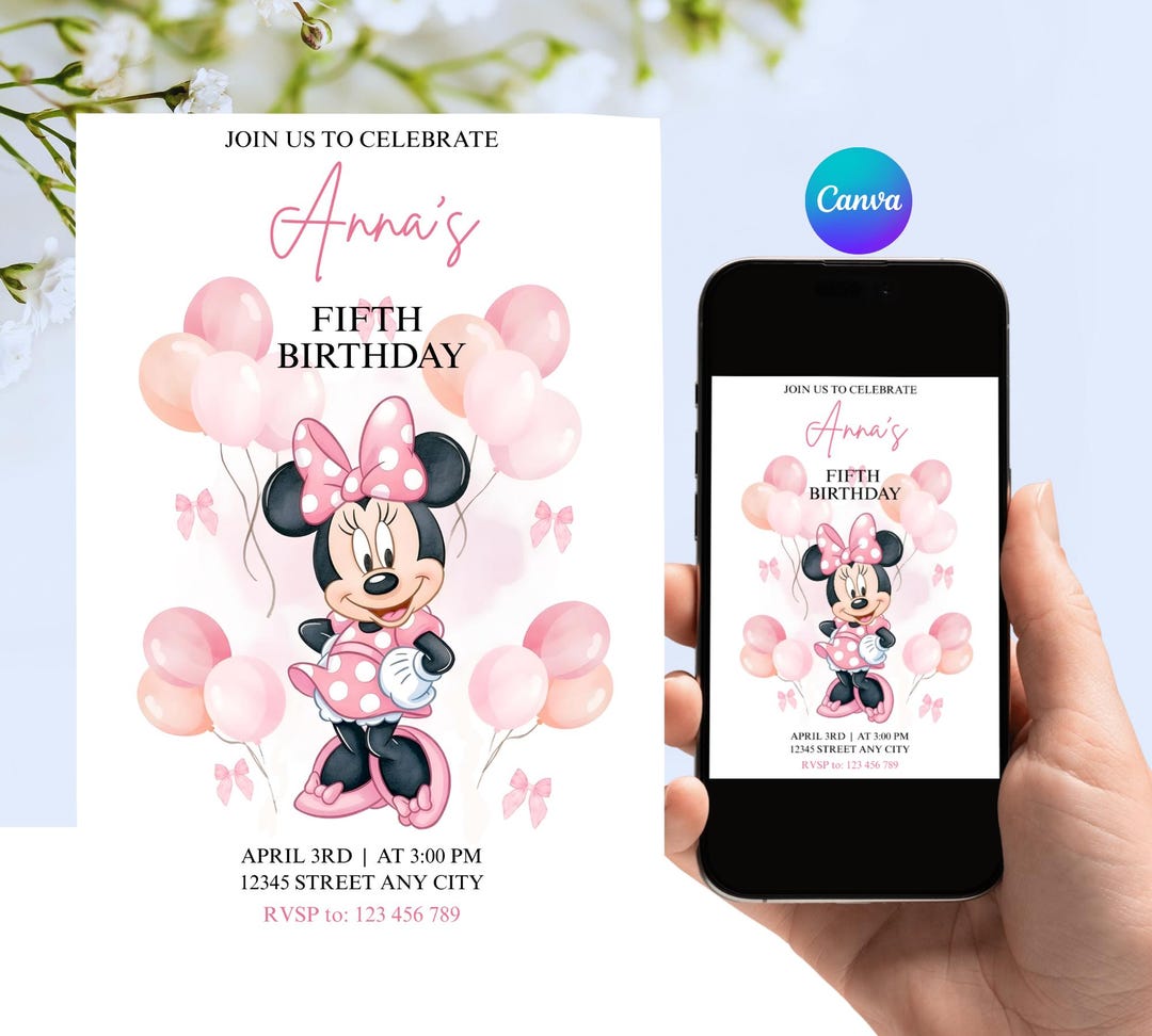 Minnie Mouse 5th Birthday Invitation, Editable Pink 5x7 Canva Template ...