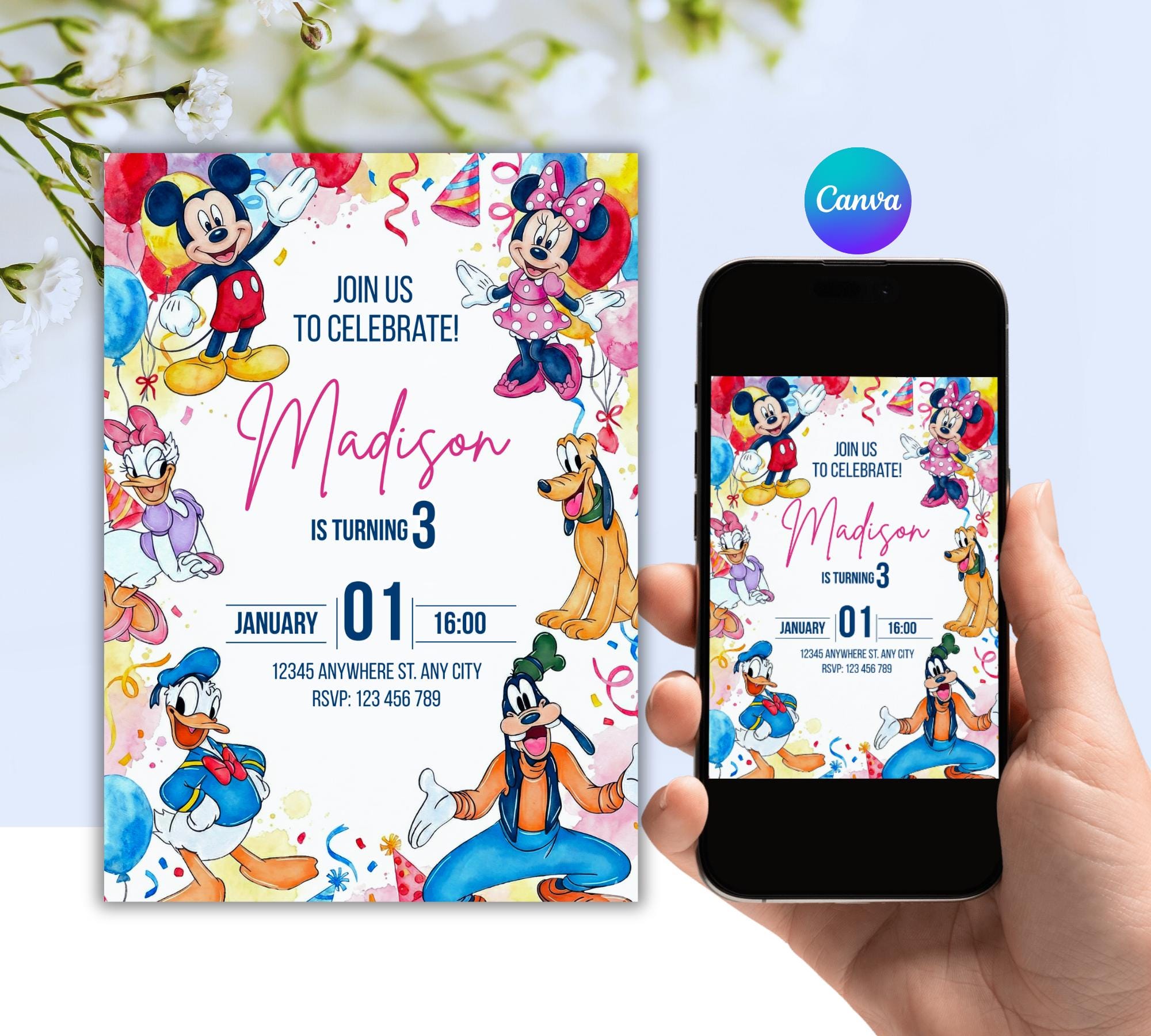 Editable Mickey Mouse and Friends Birthday Invitation Digital Canva ...