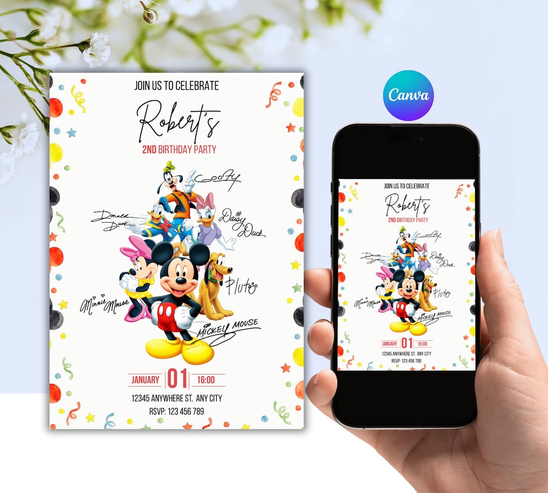 Editable Mickey Mouse and Friends Birthday Invitation Digital Canva ...