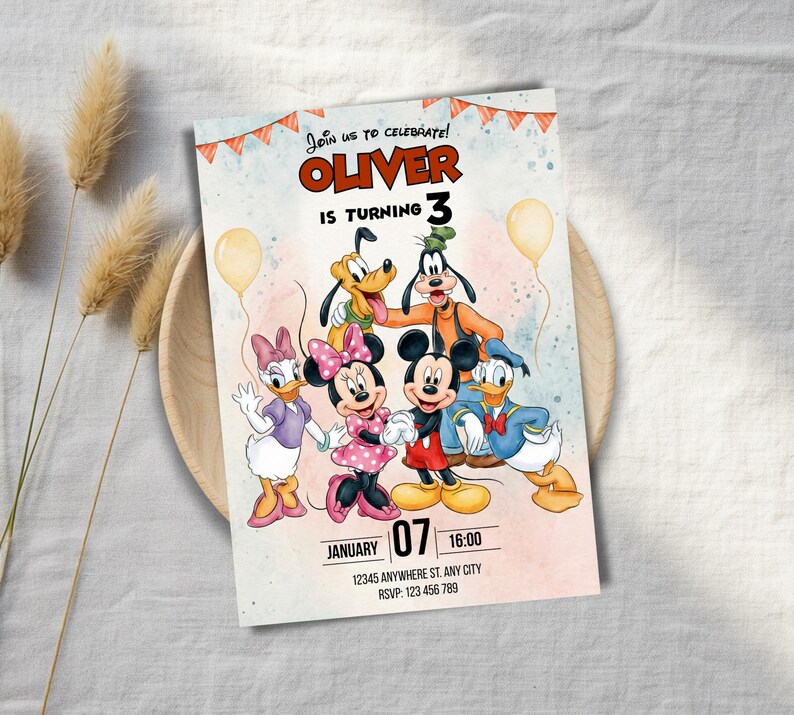 Mickey Mouse Birthday Invitation, Editable Canva Template (digital ...