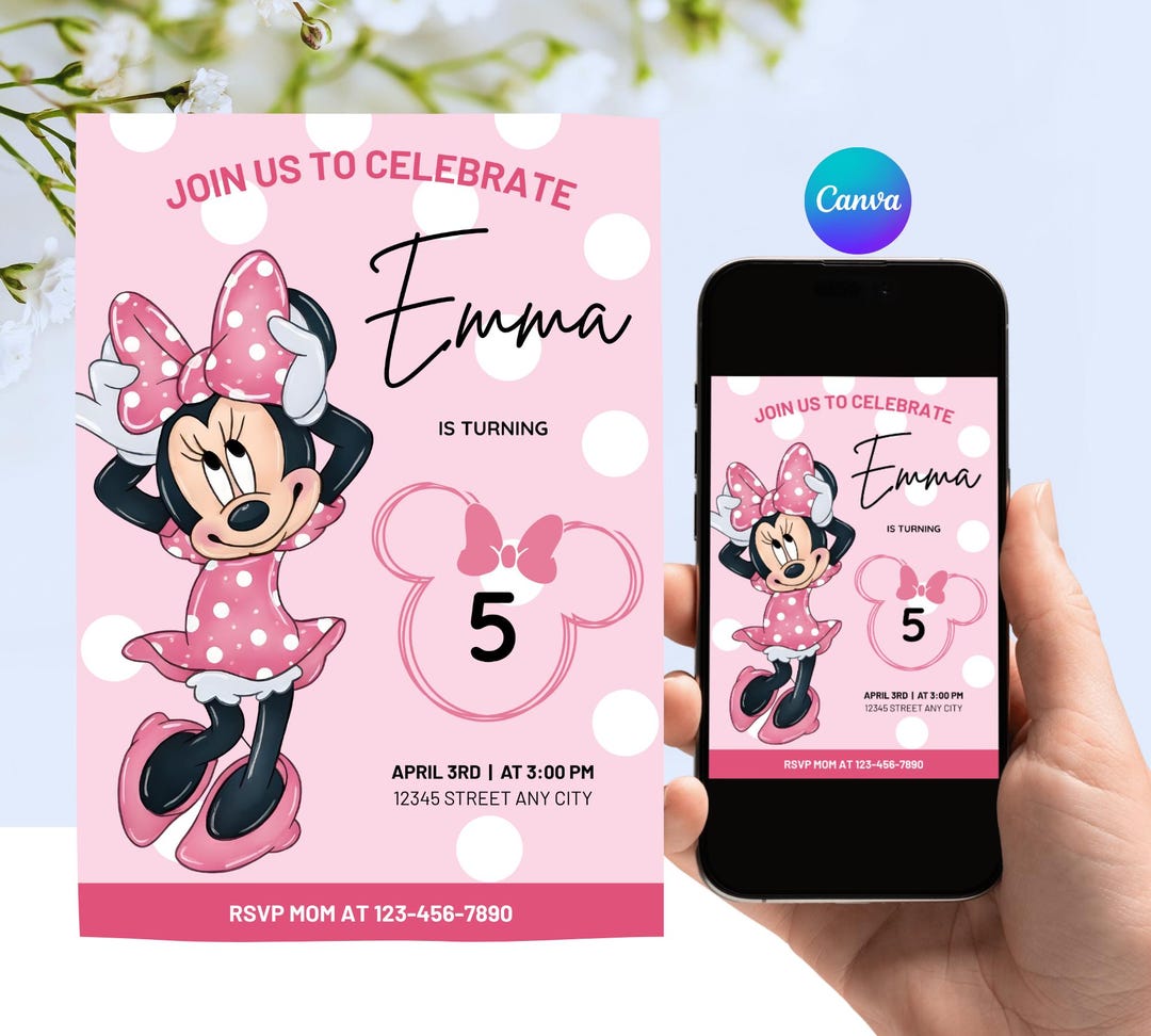 Editable Minnie Mouse 5th Birthday Invitation, Pink Polka Dot Girl ...