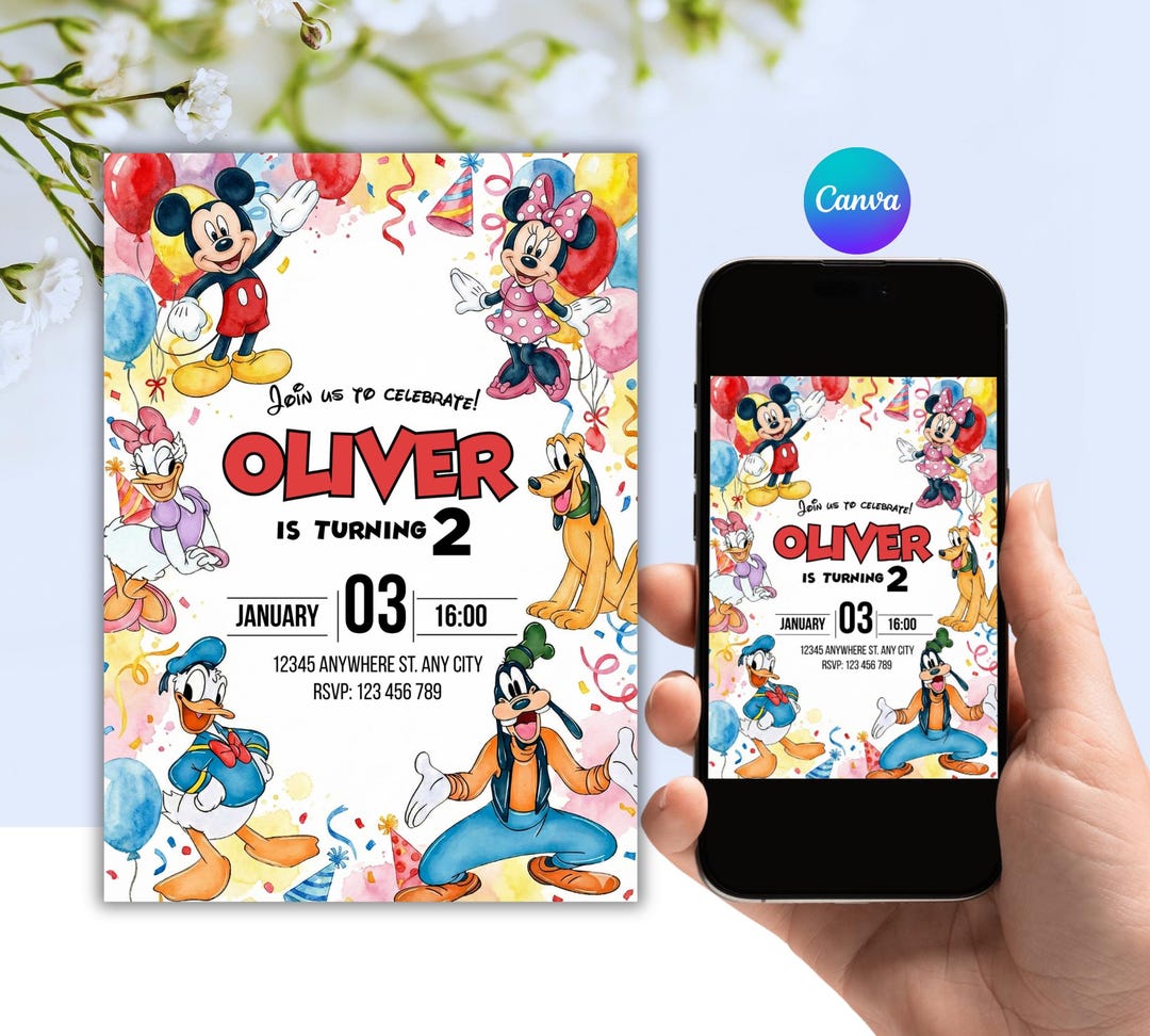 Editable Mickey Mouse Clubhouse Birthday Invitation, Canva Template ...