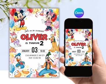Könnte beinhalten: Eine farbenfrohe Geburtstagseinladung mit Micky Maus, Minnie Maus, Donald Duck, Daisy Duck, Goofy und Pluto. Die Einladung lautet: "Feiert mit uns! Oliver wird 2" mit Datum, Uhrzeit und RSVP-Informationen.
