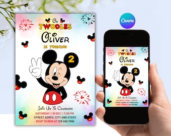 Editable Mickey Mouse Oh Twodles Birthday Invitation (Canva Digital Template)
