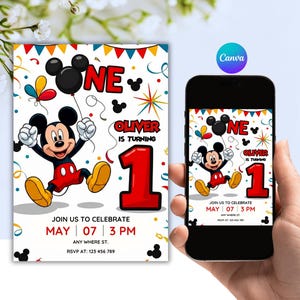 May include: A birthday invitation featuring Mickey Mouse holding a balloon. The invitation reads "ONE" in large red letters, with the name "OLIVER" and the number "1". The invitation includes the date, time, and RSVP information. The invitation is displayed on a smartphone.