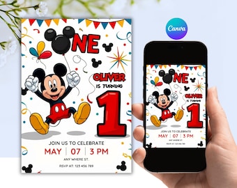 Invitación editable de Mickey Mouse para el primer cumpleaños de niño / Plantilla imprimible de Canva
