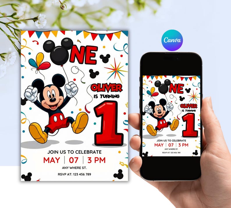 Editable Mickey Mouse 1st Birthday Invitation for Boys | Printable ...