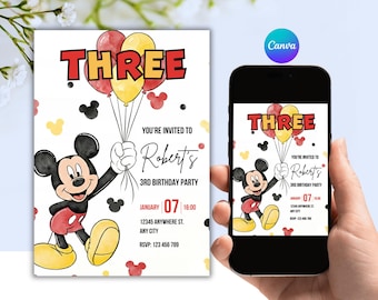 May include: A birthday party invitation featuring Mickey Mouse holding balloons that spell "THREE". The invitation includes the text "You're invited to Robert's 3rd Birthday Party" with date, time, address, and RSVP information.
