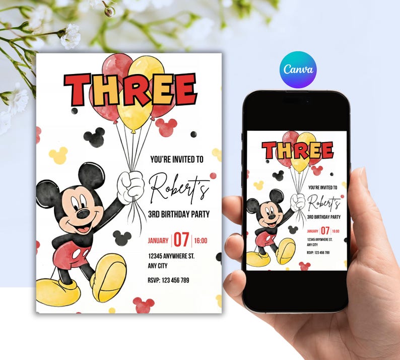 Editable Mickey Mouse 3rd Birthday Invitation | Canva Digital Party ...