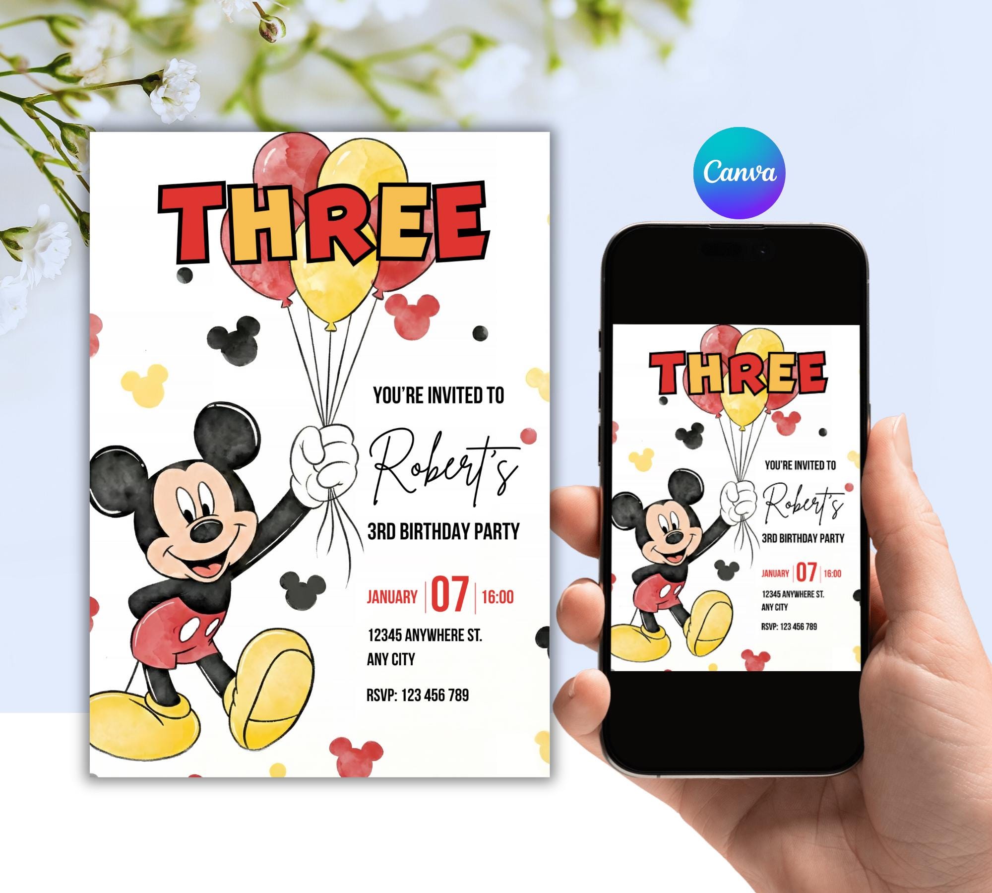 Editable Mickey Mouse 3rd Birthday Invitation | Canva Digital Party ...