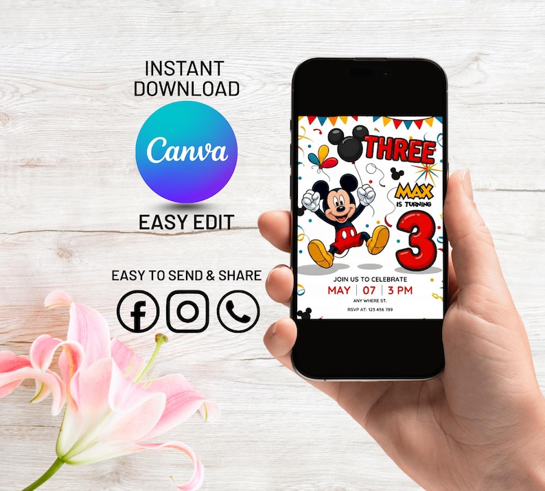 Editable Mickey Mouse 3rd Birthday Invitation | Canva Digital Template ...