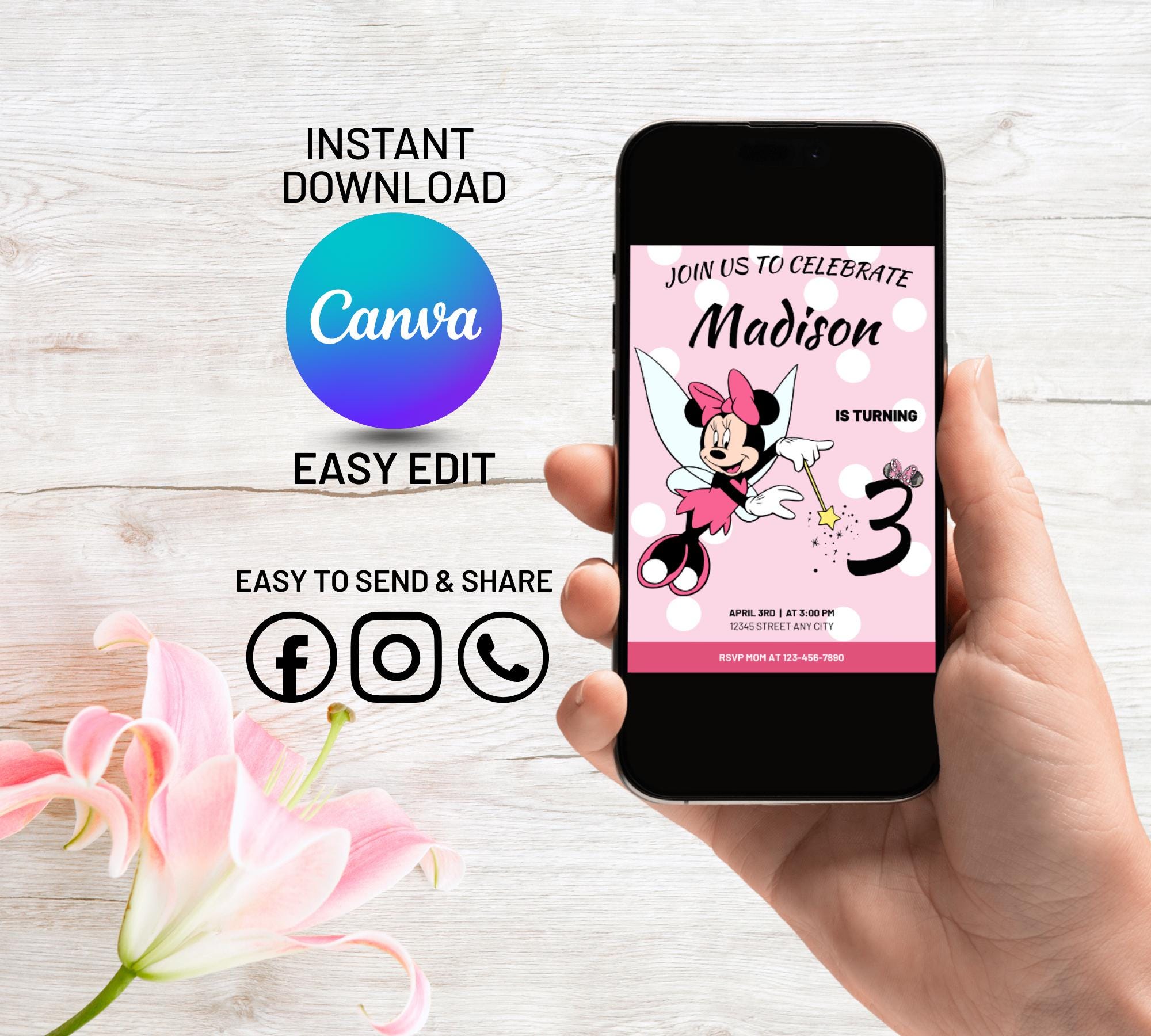 Editable Minnie Mouse Fairy Invitation, Pink 3rd Birthday 5x7 Canva ...
