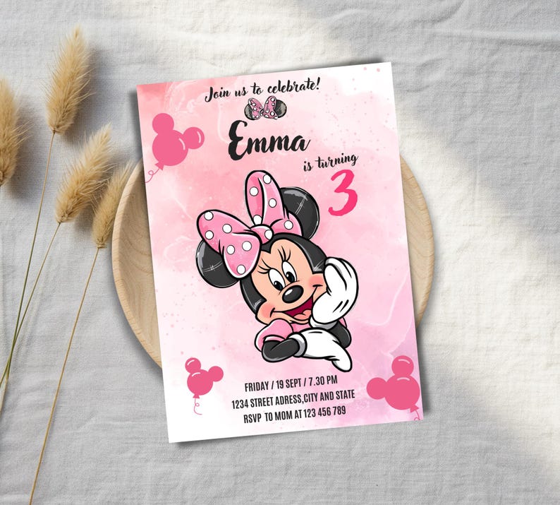 Minnie Mouse 3rd Birthday Invitation, Pink Canva Template (digital ...