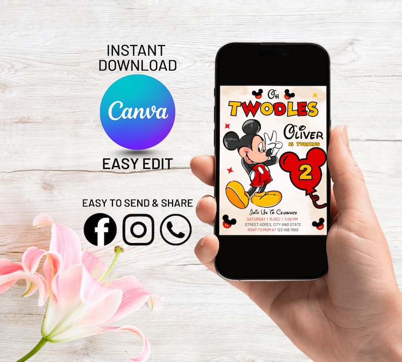 Editable Mickey Mouse Birthday Invitation, Oh Twodles Invitation ...