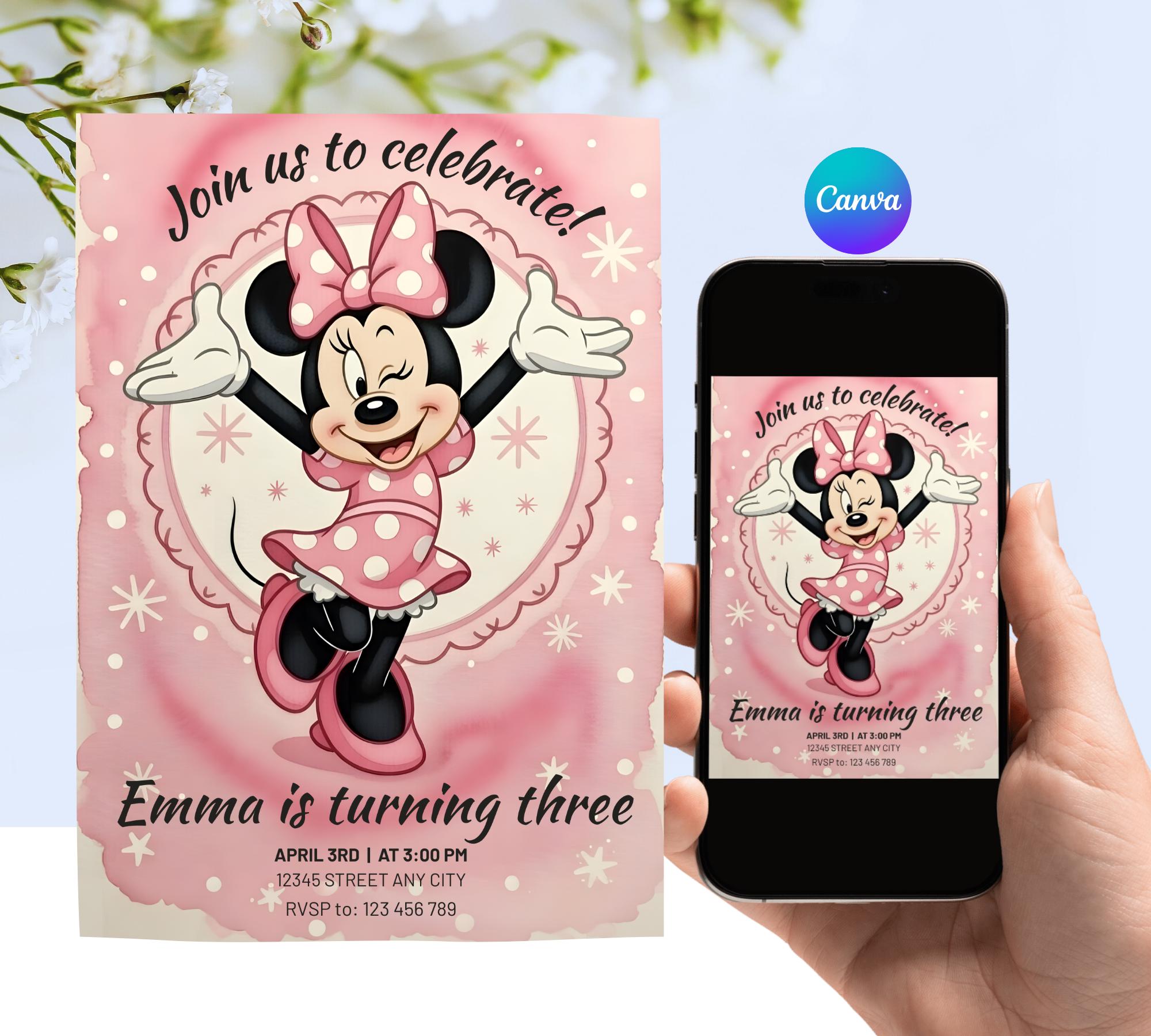 Editable Minnie Mouse 3rd Birthday Invitation, Pink 5x7 Canva Template ...