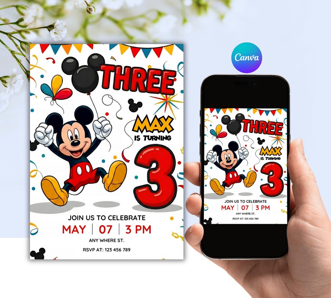 Editable Mickey Mouse 3rd Birthday Invitation | Canva Digital Template ...