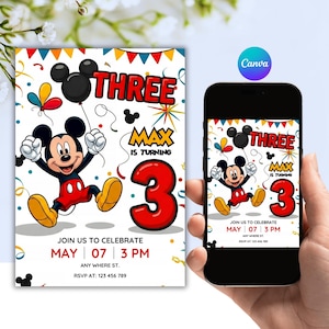 Könnte beinhalten: Eine Geburtstagseinladung mit Micky Maus. Das Design enthält den Text "THREE" und "MAX IS TURNING 3". Die Einladung enthält auch Datum, Uhrzeit und RSVP-Informationen. Ein Smartphone zeigt die gleiche Einladung.