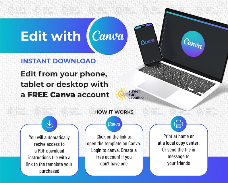 May include: A digital design advertisement featuring a laptop, smartphone, and text that reads "Edit with Canva." The image includes the Canva logo and instructions for downloading and editing templates on various devices with a free Canva account.