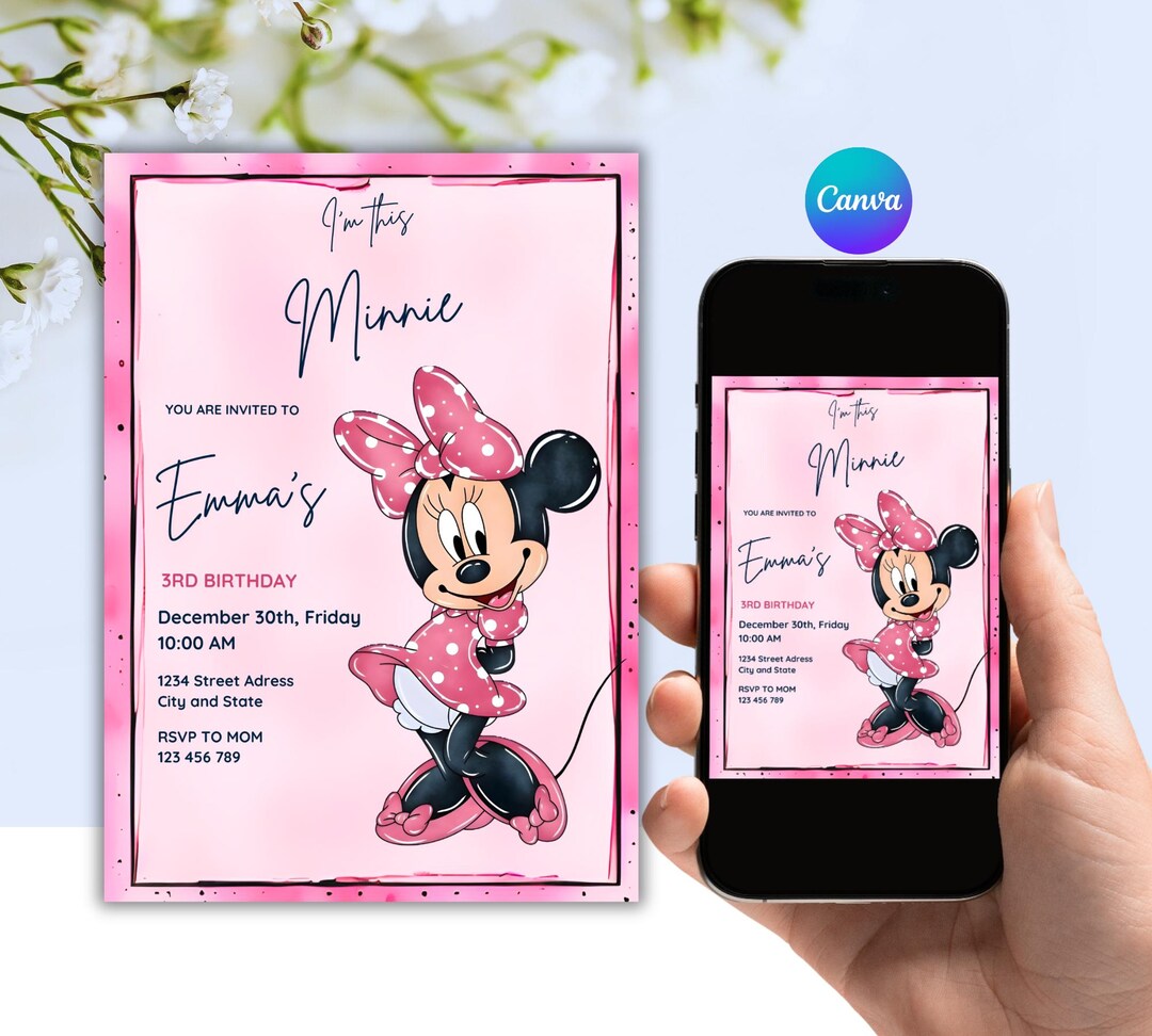 Editable Minnie Mouse 3rd Birthday Invite Pink Girl Party Digital Canva ...
