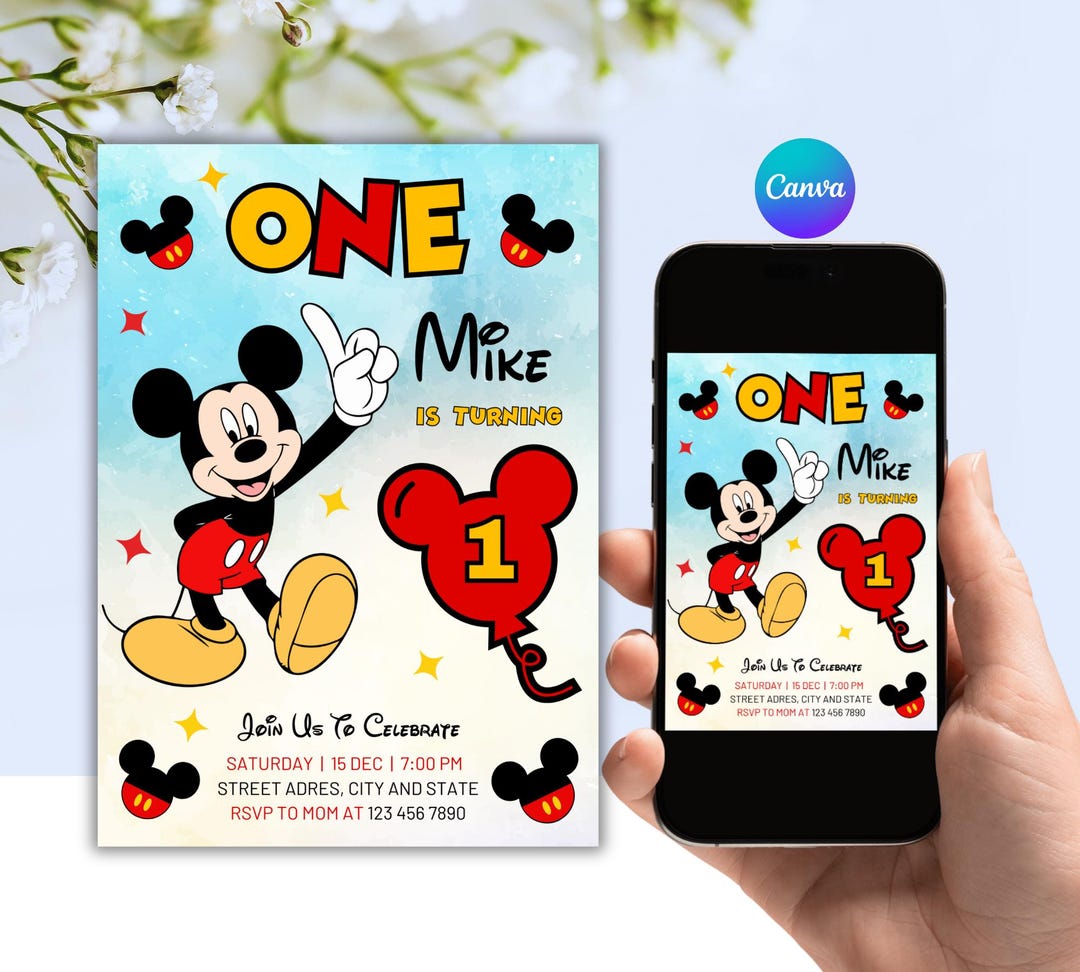 Editable Mickey Mouse 1st Birthday Invitation: Canva Template (digital ...