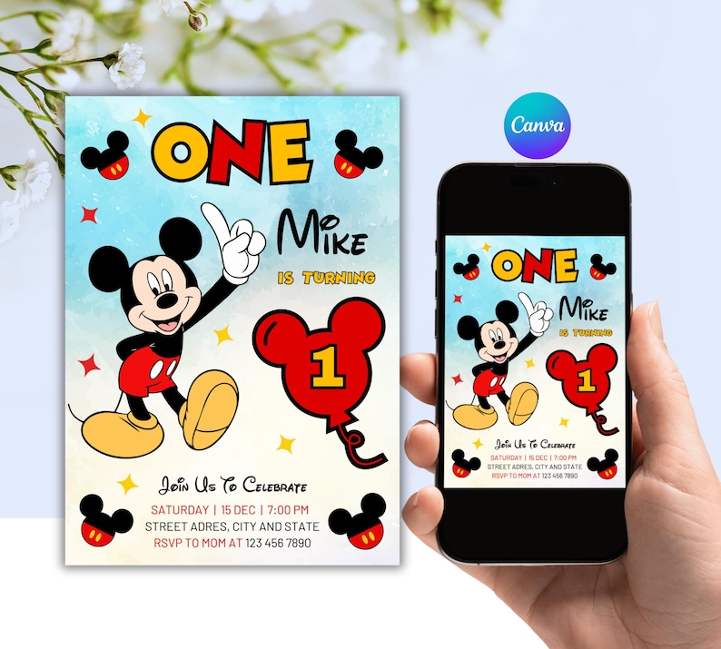 Editable Mickey Mouse 1st Birthday Invitation: Canva Template (digital ...