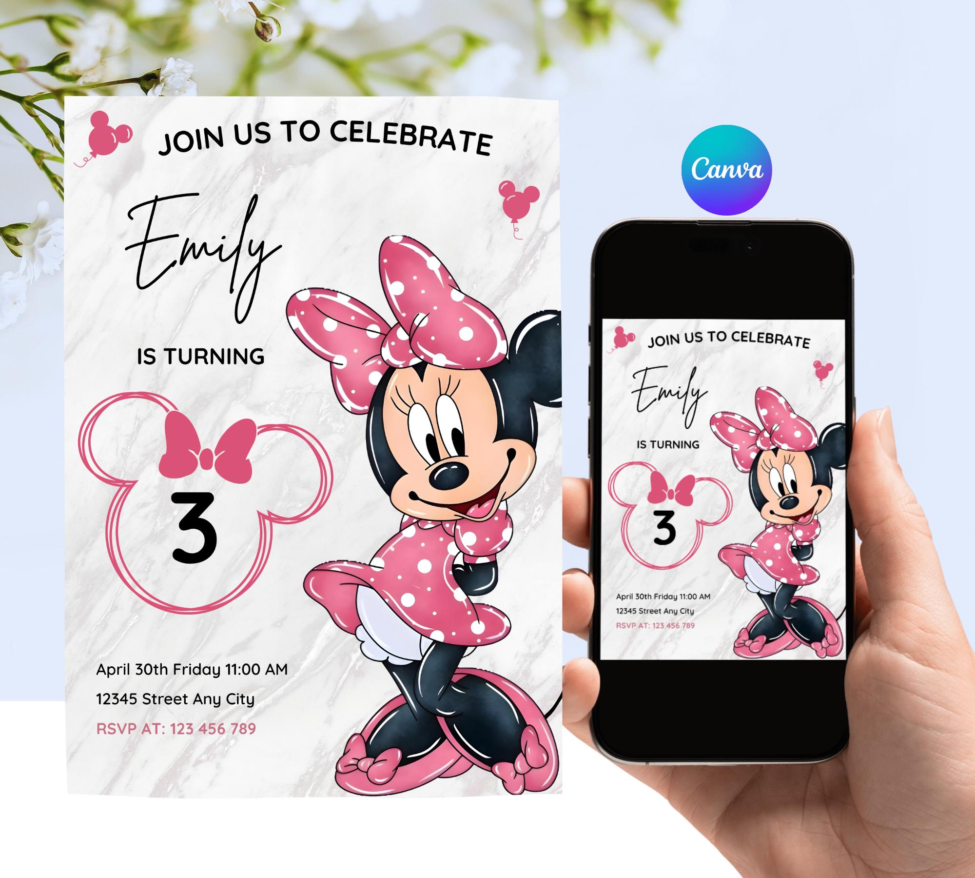 Editable Minnie Mouse 3rd Birthday Invitation, Pink Polka Dot Girl ...