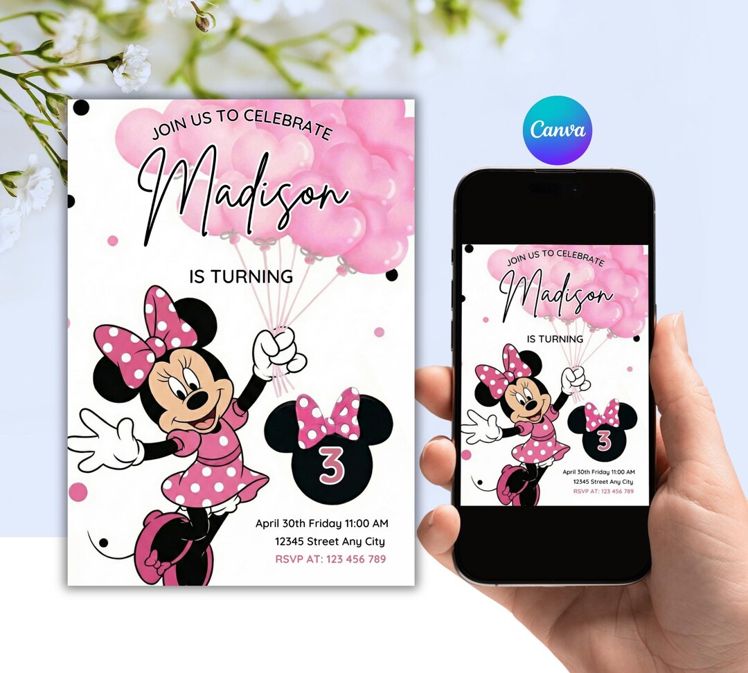 Editable Minnie Mouse Pink Birthday Invitation Girl Digital Canva ...