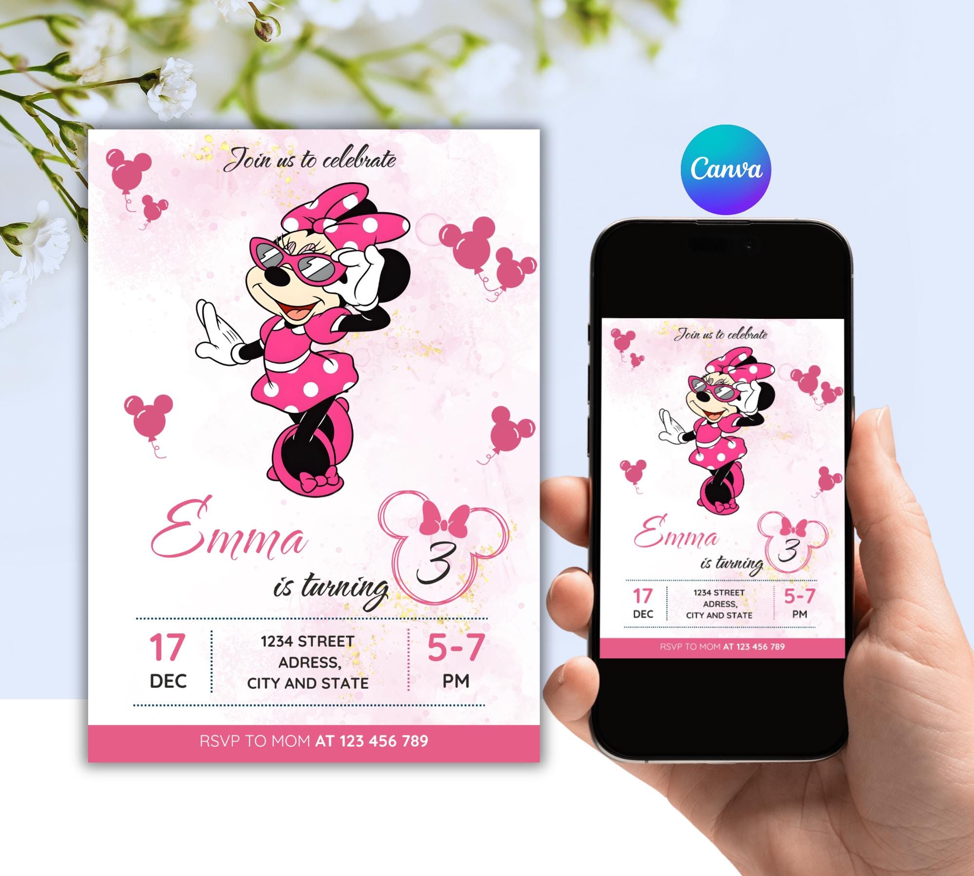 Editable Minnie Mouse 3rd Birthday Invitation: Pink Canva Template ...