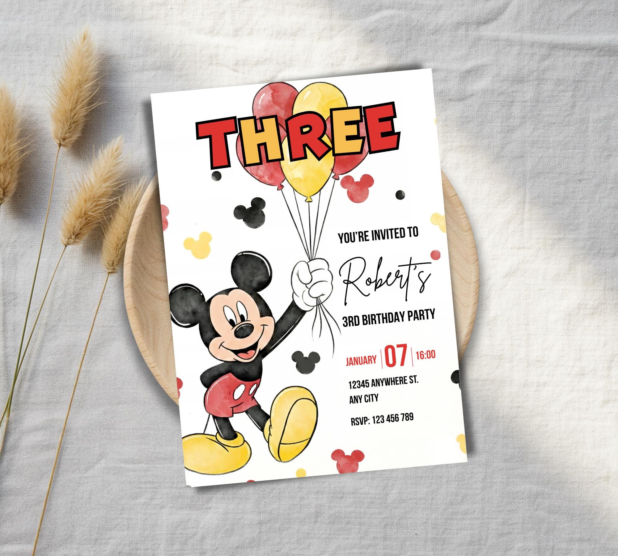 Editable Mickey Mouse 3rd Birthday Invitation | Canva Digital Party ...