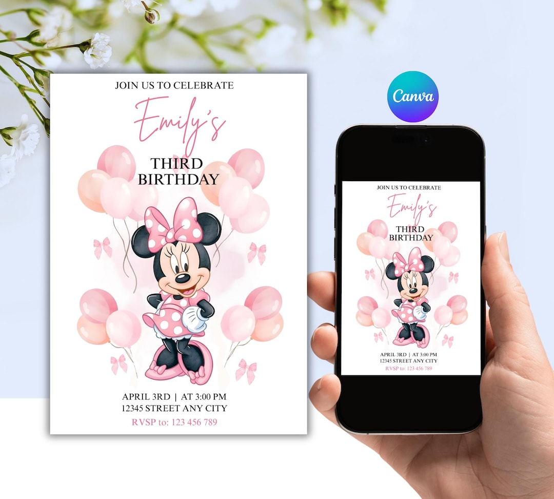 Minnie Mouse 3rd Birthday Invitation, Editable Pink 5x7 Canva Template ...