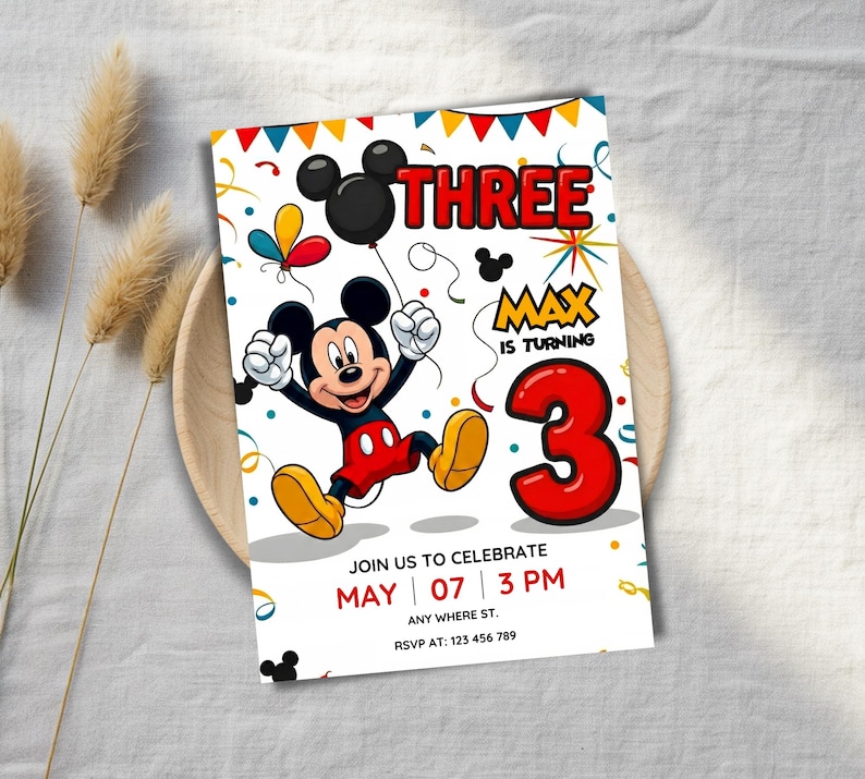 Editable Mickey Mouse 3rd Birthday Invitation | Canva Digital Template ...