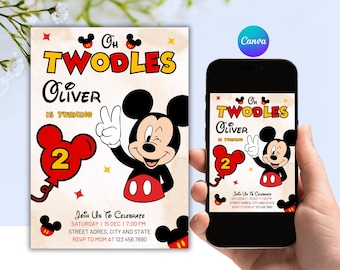 Mickey Mouse Oh Twodles Birthday Invitation, Editable Canva Template (Digital Download)