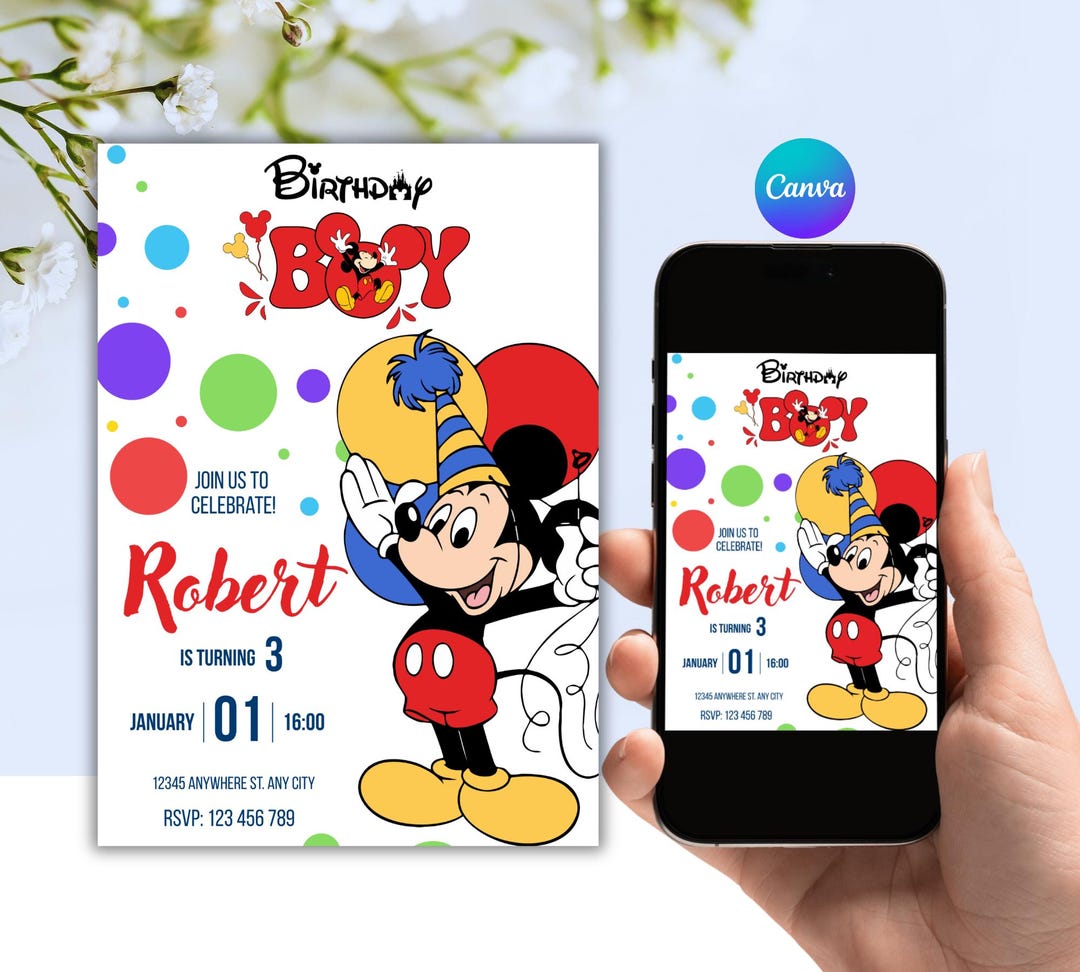 Editable Mickey Style 3rd Birthday Invitation, Birthday Boy Theme Canva ...