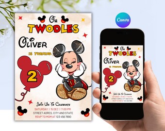 Oh Twodles Mickey Mouse Invitation, Editable Canva Template (Digital Download)