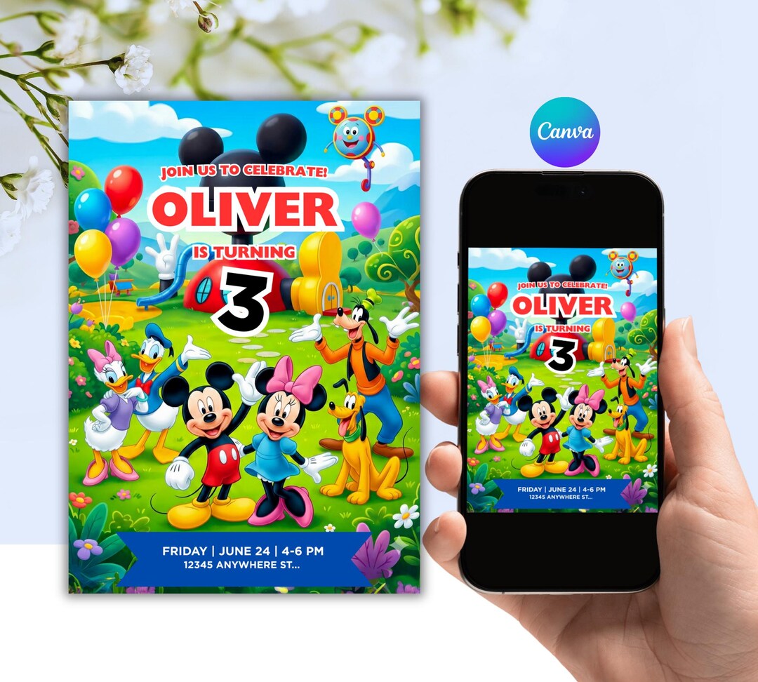 Editable Mickey Mouse Birthday Invitation – 5x7 Canva Template (digital ...