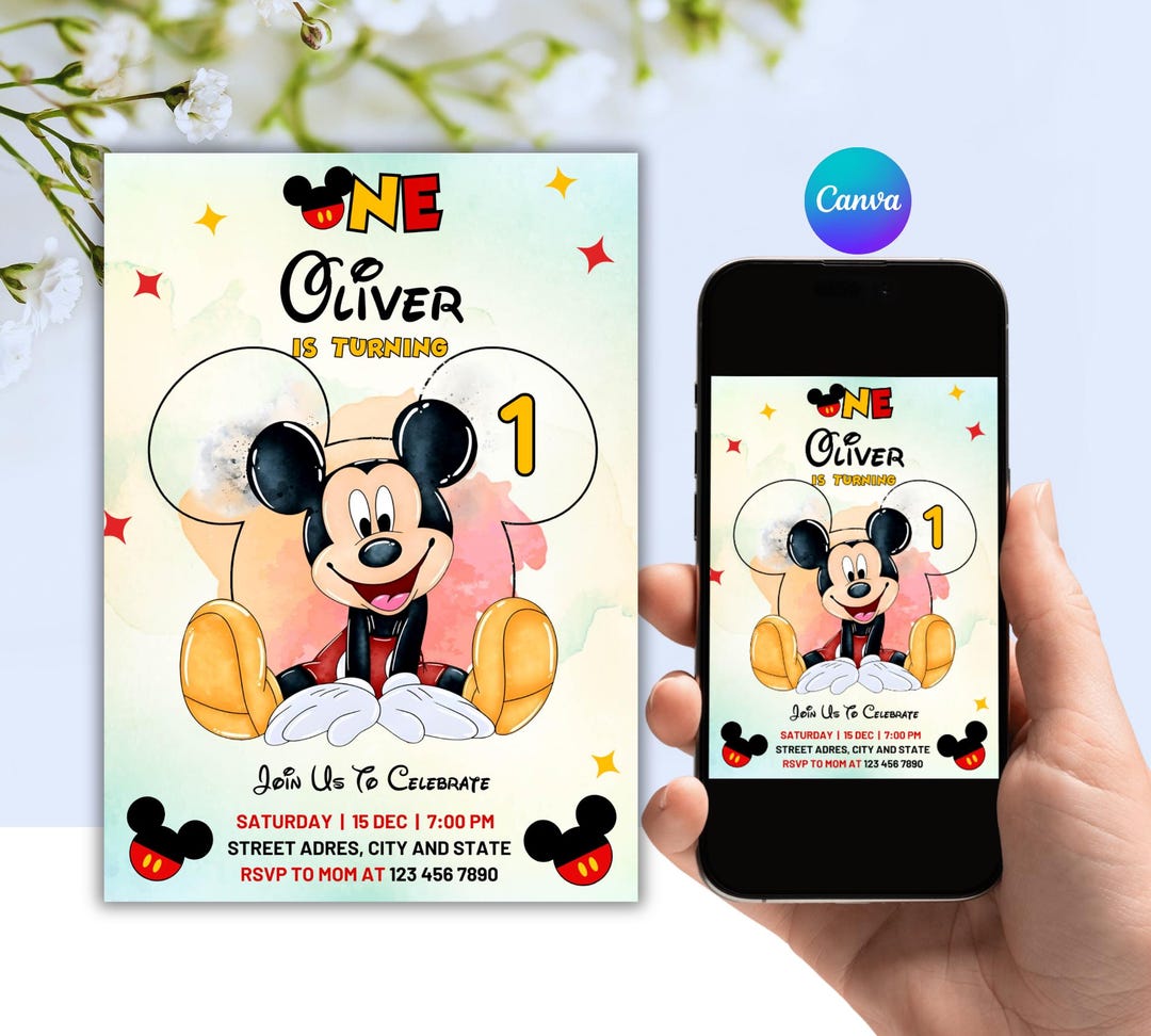 Editable Mickey Mouse 1st Birthday Invitation, Canva Template (digital ...