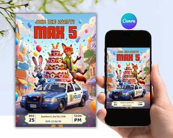 Editable Zootopia 2 Birthday Invitation, Judy Hopps & Nick Wilde (Digital Canva)