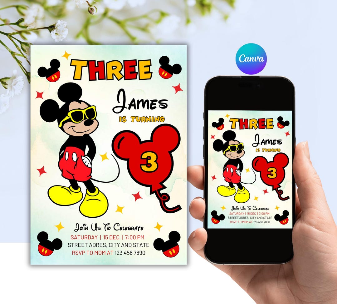 Mickey Mouse 3rd Birthday Invitation: Editable Canva Template (digital ...