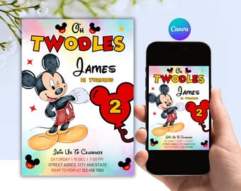 Mickey Mouse Oh Twodles Birthday Invitation, 2nd Birthday, Editable Canva Template