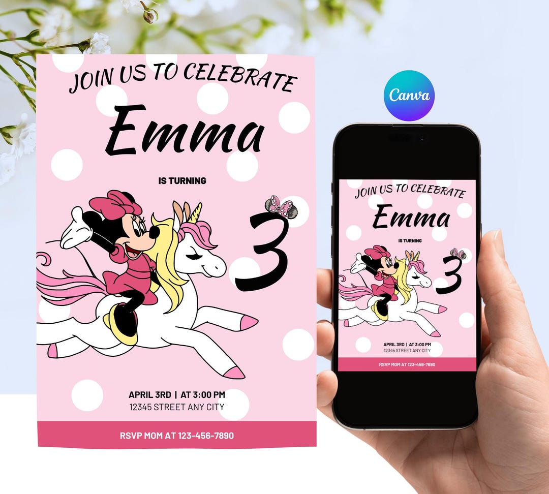 Editable Minnie Mouse Unicorn Invitation, Pink 3rd Birthday 5x7 ...