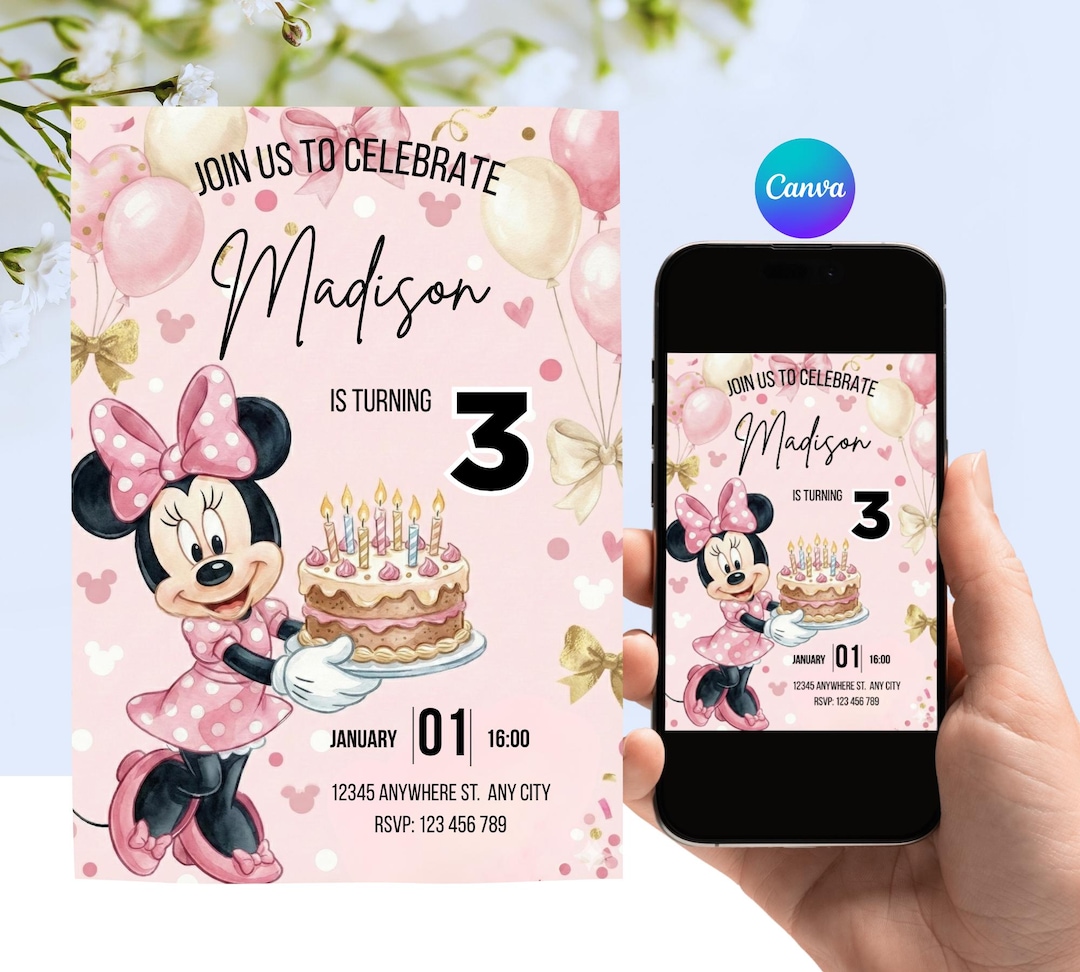 Editable Watercolor Minnie Mouse Invitation With Cake, Pink 3rd ...
