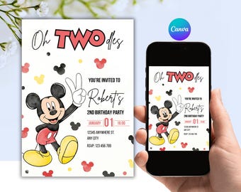 Editable Mickey Mouse Oh Twodles Birthday Invitation Digital Canva Template