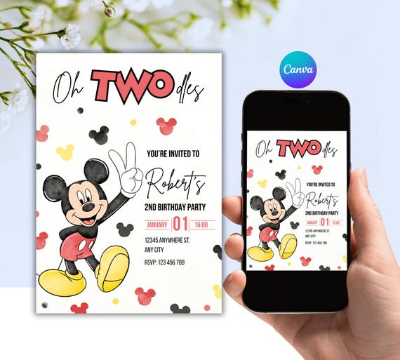 Editable Mickey Mouse Oh Twodles Birthday Invitation Digital Canva Template