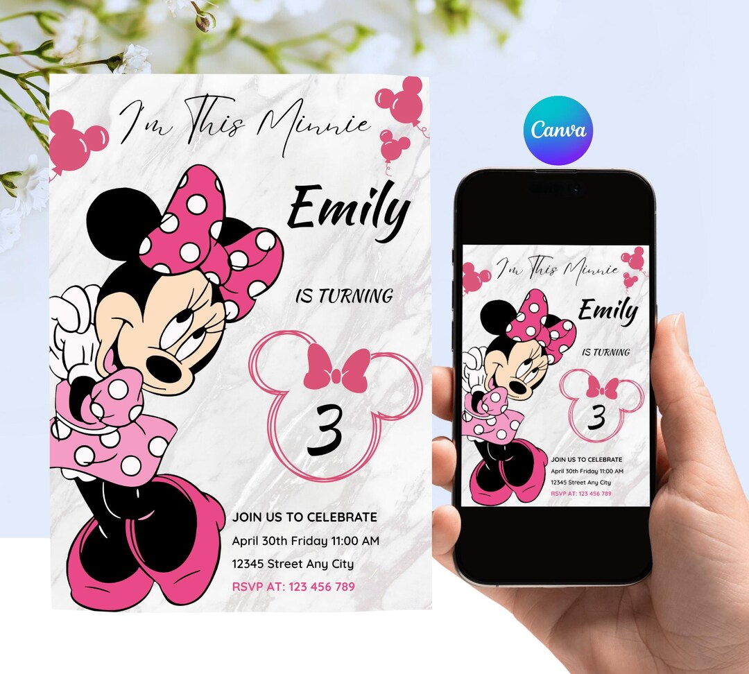 Editable Minnie Mouse 3rd Birthday Invite, Pink Girl Party Canva ...