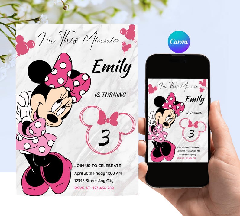 Editable Minnie Mouse 3rd Birthday Invite, Pink Girl Party Canva ...
